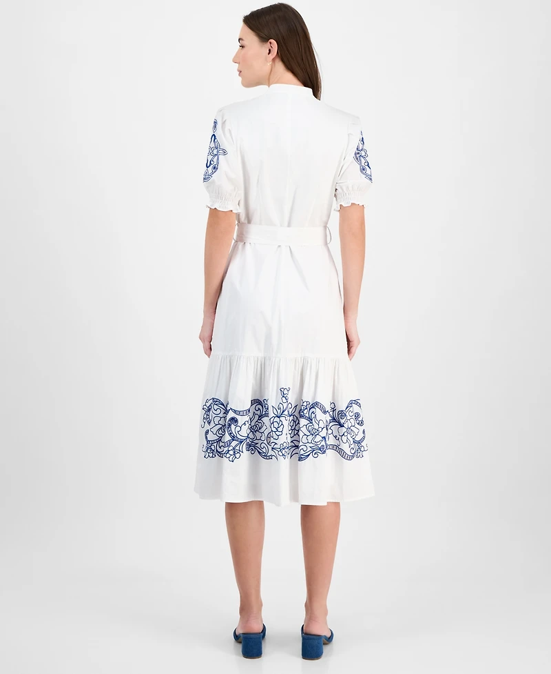 T Tahari Women's Cotton Embroidered Fit & Flare Dress
