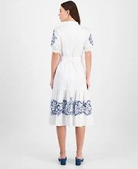T Tahari Women's Cotton Embroidered Fit & Flare Dress