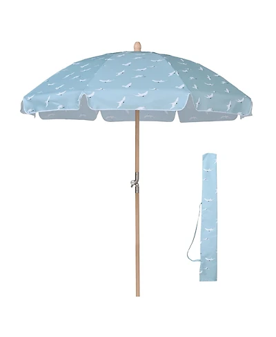 LAGarden Our Beach Portable Umbrella for Sand Beech Wood Pole Carry Bag with Printed Seagull Cute Garden Parasol