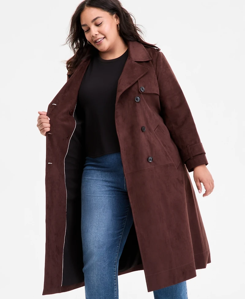 Bcbgmaxazria Plus Double-Breasted Faux-Suede Belted Trench Coat