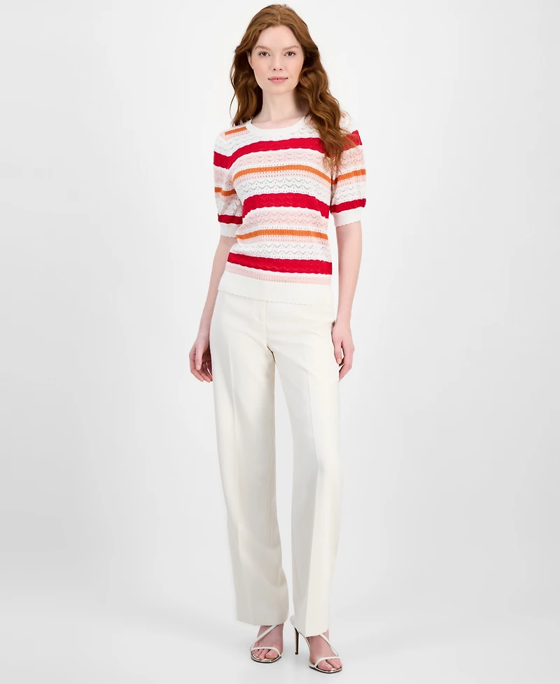 T Tahari Women's Pointelle Striped Crewneck Sweater