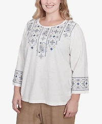 Alfred Dunner Plus Summer Solstice Linear Embroidered Tie Sleeve Top