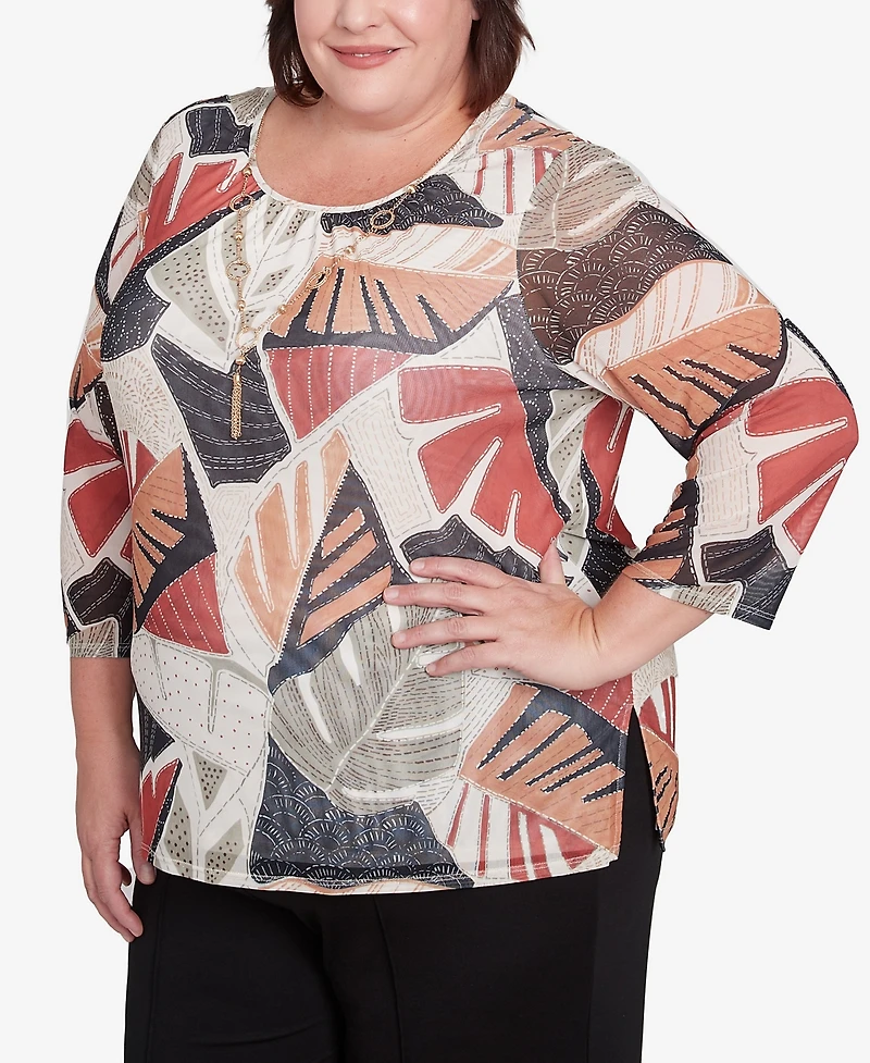 Alfred Dunner Plus Natural Instinct Tropical Mesh Top with Necklace