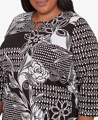 Alfred Dunner Plus Size Natural Instinct Monotone Patch Beaded Split Neck Top