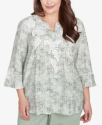 Alfred Dunner Plus Size Santa Fe Embroidered Geometric Flare Sleeve Top