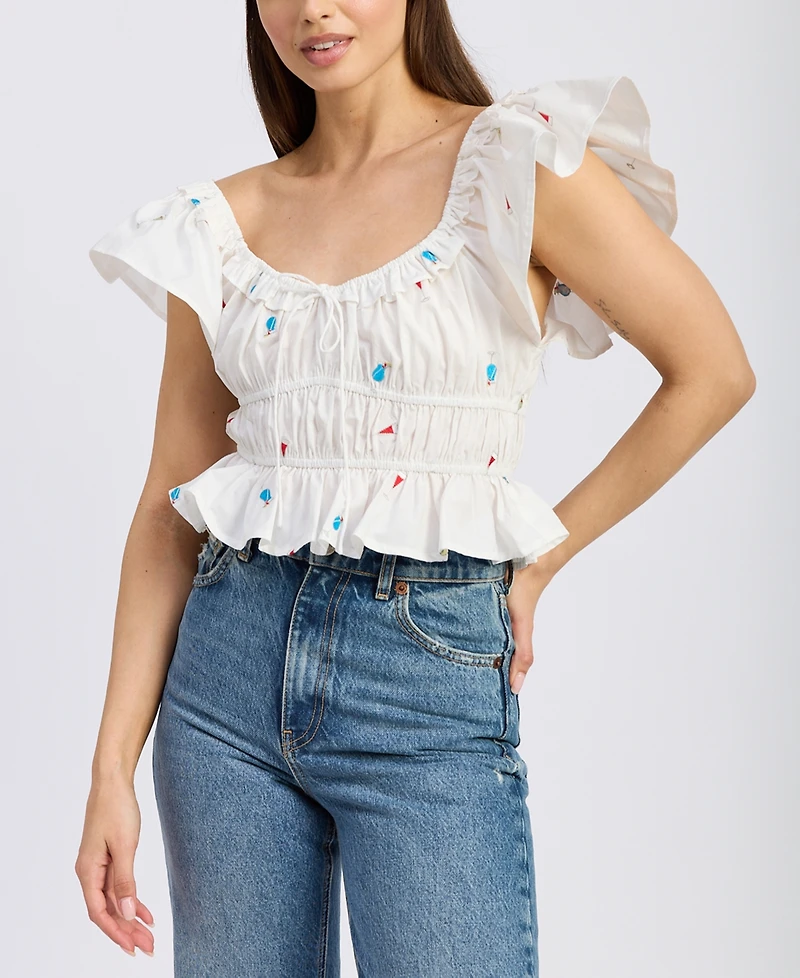 En Saison Women's Nellie Flutter-Sleeve Shirred Top