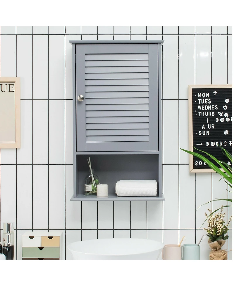 Gymax Bathroom Wall Mount Storage Cabinet Single Door w/Height Adjustable Shelf Grey