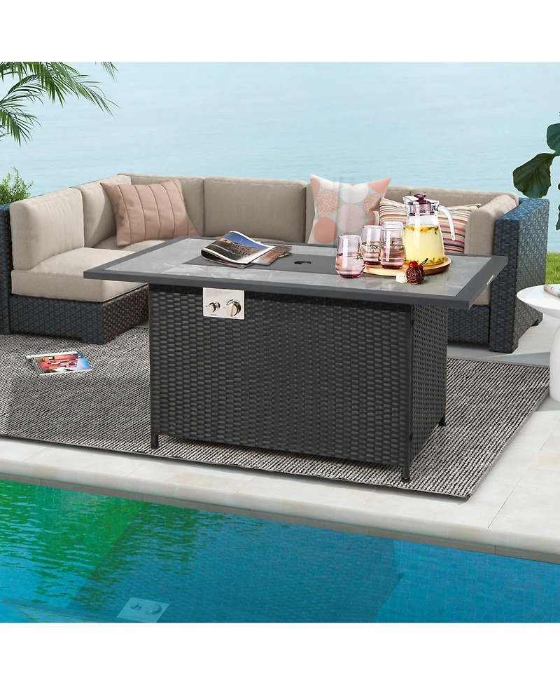 Rattan Wicker Propane Fire Pit Table with Rain Cover and Lava Rock