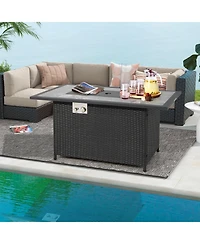 Rattan Wicker Propane Fire Pit Table with Rain Cover and Lava Rock