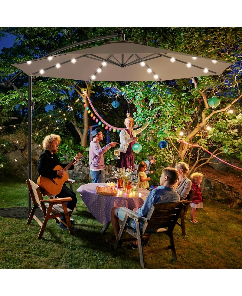 Gymax 10Ft Patio Solar Led Outdoor Offset Hanging Umbrella w/ 24