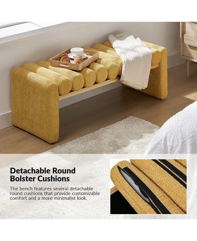 Modern Bench with Solid Wood and Removable Round Bolster Cushions