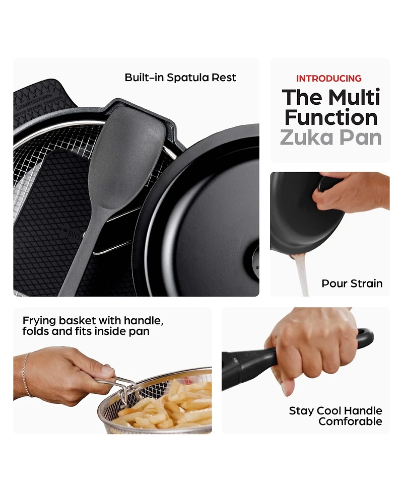 Zuka Everyday Pan 4.25 Qt. Ceramic 10 1 Nonstick Multi-Functional Saute with Lid, Nylon Spoon, & Steamer Basket