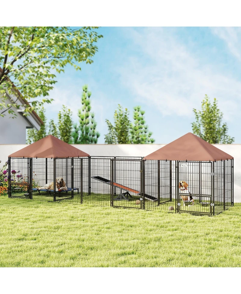 PawHut Dog Kennel Outside with 2 Rooms, Rotating & Adjustable Height Bowls