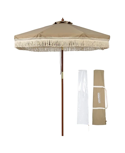 LAGarden Boho 7' Fringe Patio Umbrella with Tassels UPF50+ Boho Style 5-Year-Non-Fading for Outdoor Yard Market Mocha Meander