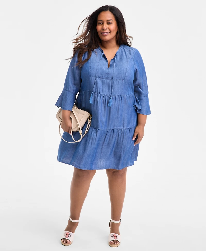 Style & Co Plus Split-Neck Tiered Flutter-Sleeve Dress, Exclusively at Macy's