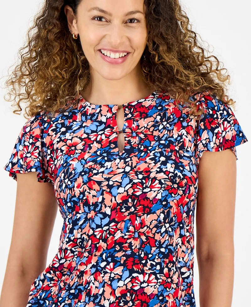 Jones New York Petite Floral-Print Keyhole-Neckline Top