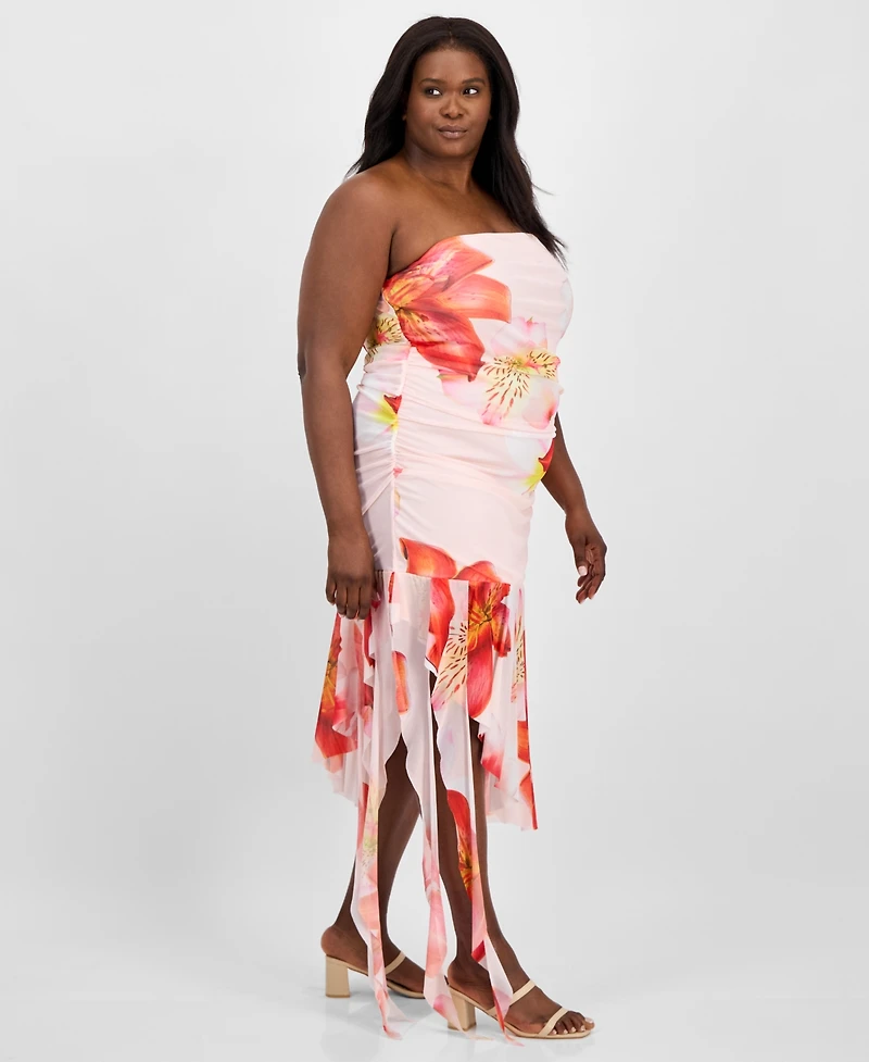 Madden Girl Trendy Plus Size Tropical Floral Strapless Asymmetric Dress