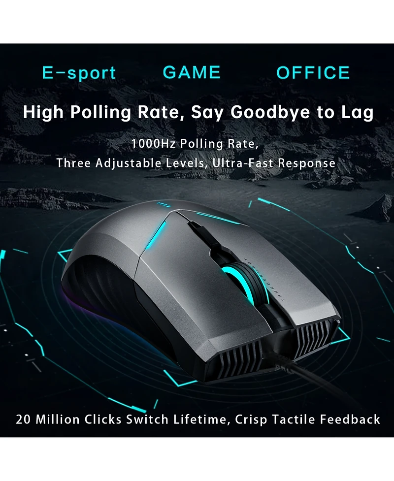 Thunderobot MG701 Wired Gaming Mouse, Ultimate Gaming-Grade Chip, 4200 Dpi Optical Sensor, High Rolling Rate, Ergonomic Design with Anti-Slip Side Gri