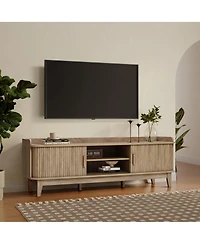 LuxenHome Mid-Century Modern Tambour-Style 2-Door 63-Inch Wide Tv Stand with Tray Top, Oak