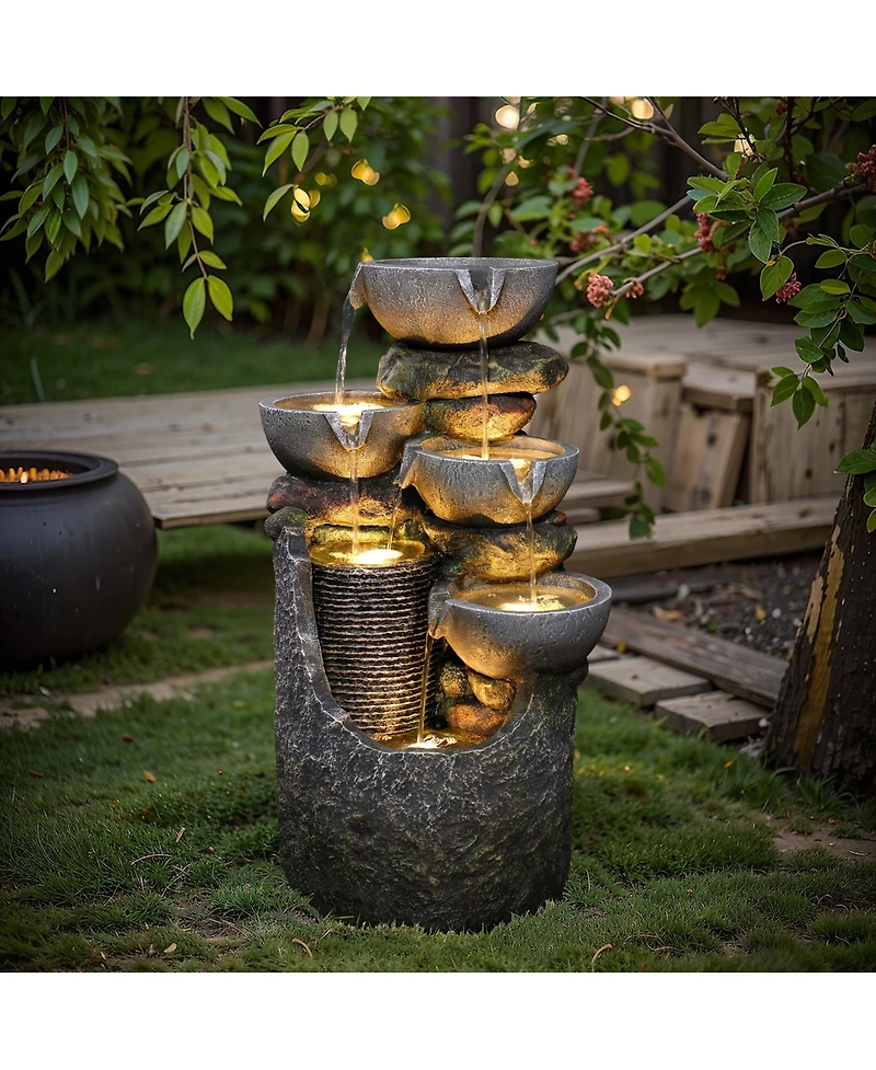 LuxenHome Gray 4-Bowl and 5-Tier 2.1-Feet Tall Outdoor Polyresin Fountain with Lights