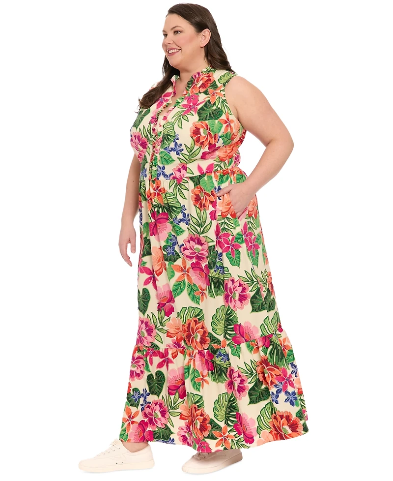 London Times Plus Ruffled-Trim Tiered Maxi Dress