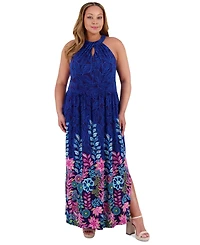 London Times Plus Halter Placement-Print Maxi Dress