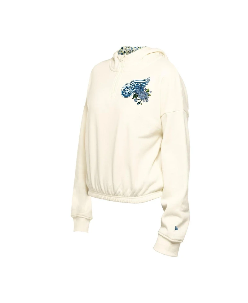 New Era Women's Cream Detroit Red Wings Glam Game Quarter-Zip Cropped Floral Pullover Hoodie