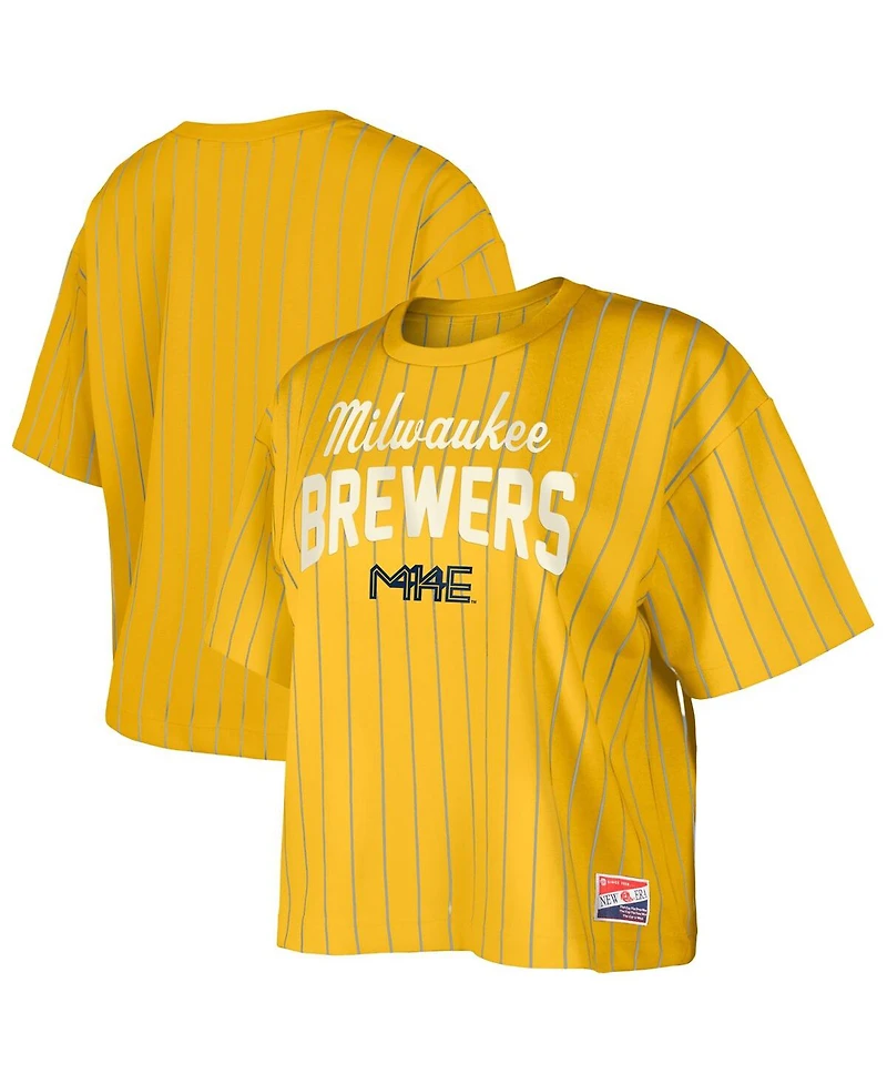 New Era Women's Gold Milwaukee Brewers City Connect Multiplier Pinstripe Cropped T-Shirt