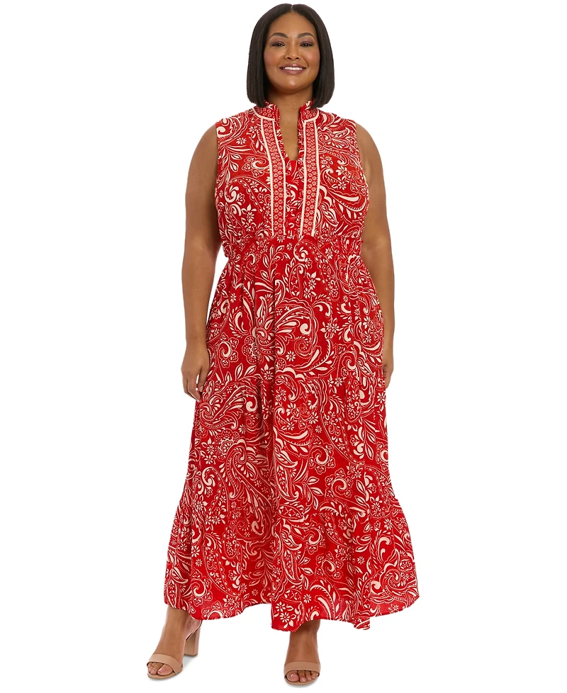 London Times Plus Ruffled-Neck Tiered Maxi Dress