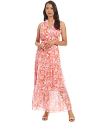 London Times Petite Printed Ruffle-Collar Maxi Dress