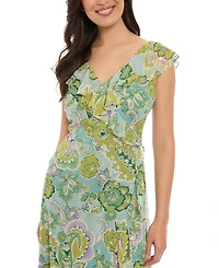 London Times Petite Faux-Wrap Ruffle-Trim Midi Dress
