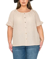 Coin 1804 Plus Size Eyelet Jersey Button Front Ruffle Sleeve Peasant Top