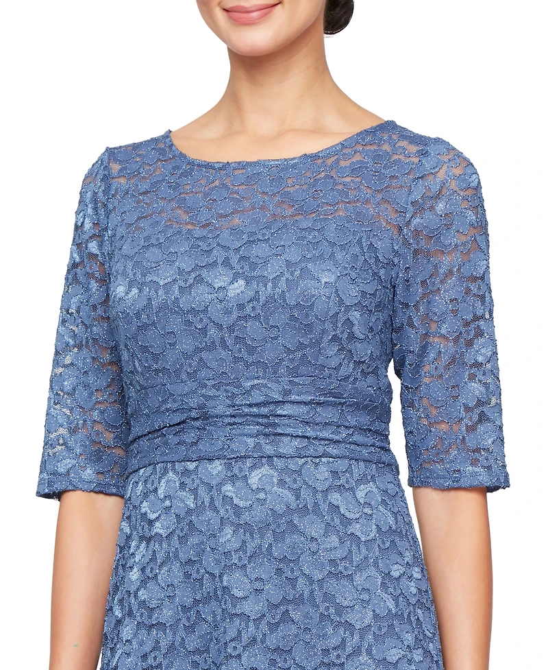 Sl Fashions Women's Glitter-Lace Elbow-Sleeve A-Line Dress