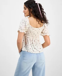 Planet Heart Juniors' Sweetheart-Neck Puff-Sleeve Top