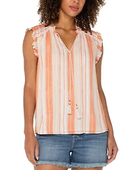 Liverpool Los Angeles Women's Striped Ruffle-Trim Split-Neck Top