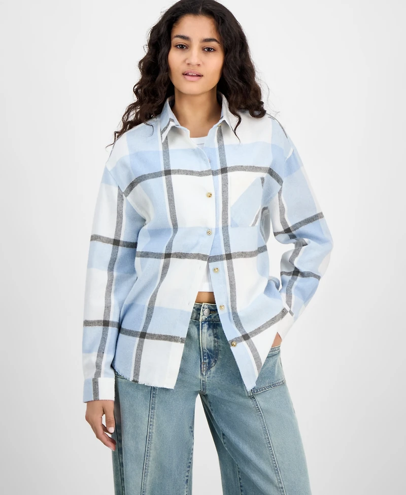 Just Polly Juniors' Girlfriend Frayed-Hem Plaid Shirt