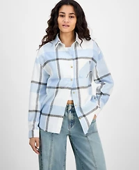 Just Polly Juniors' Girlfriend Frayed-Hem Plaid Shirt