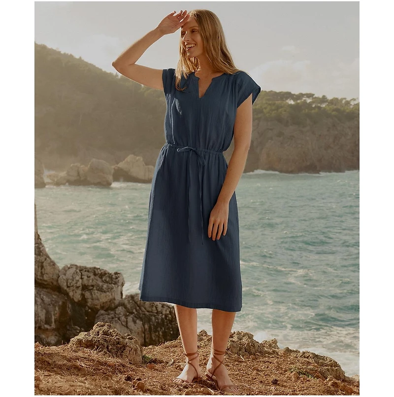 Pact Women's Organic Cotton Coastal Double Gauze Tie Waist Midi Dress