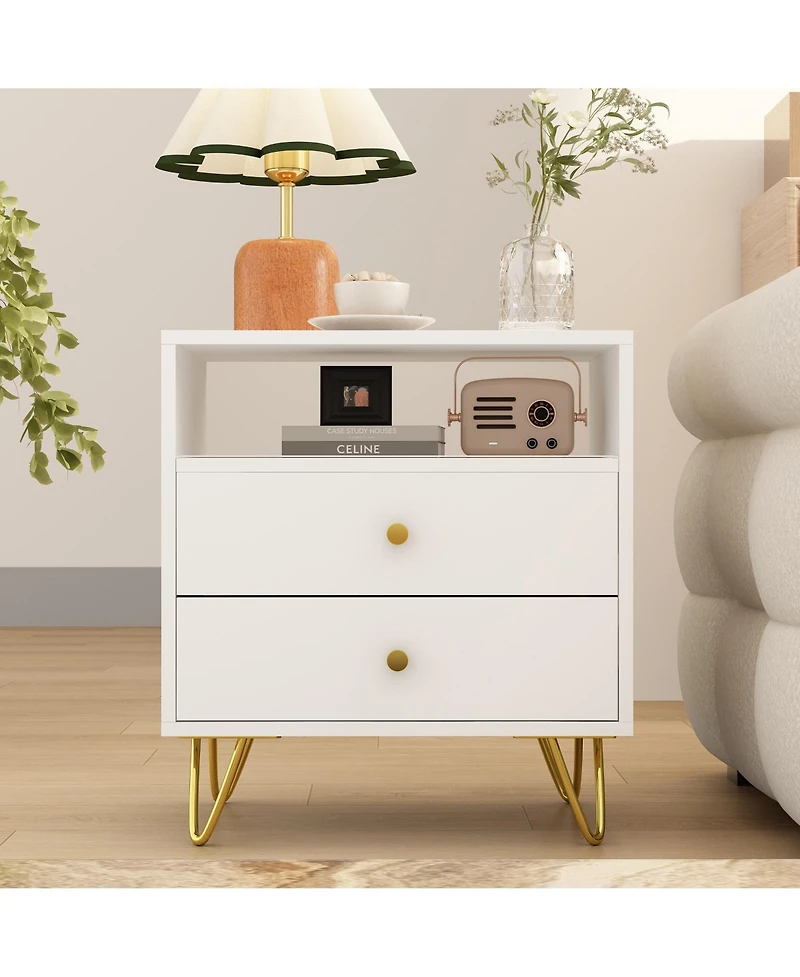 Bedside table with three drawers, side table with gold handles and feet, white wooden end table, suitable for bedrooms, living rooms, offices