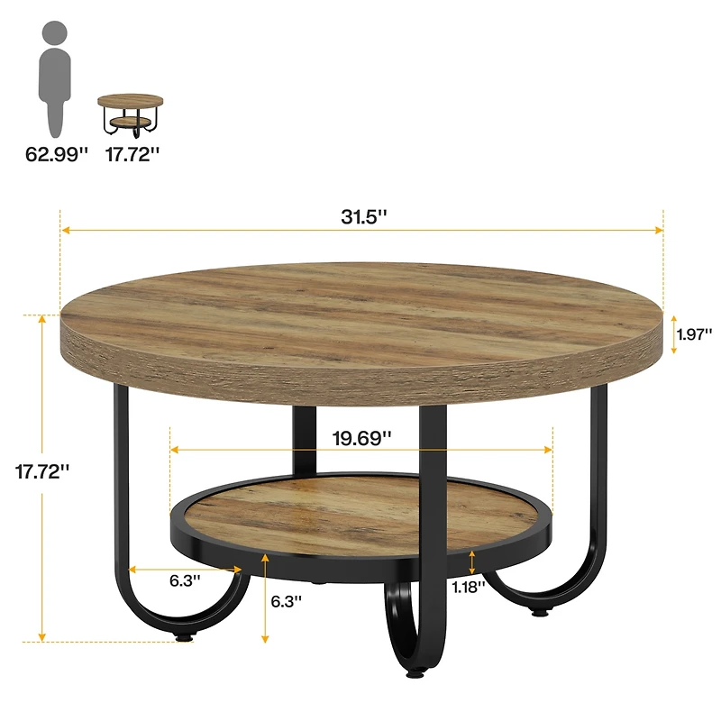 Tribesigns Round Coffee Table for Living Room, 2-Tier Center Table with Storage Shelf, 31.1-Inch Industrial Cocktail Tea Table with Sturdy Curved Meta