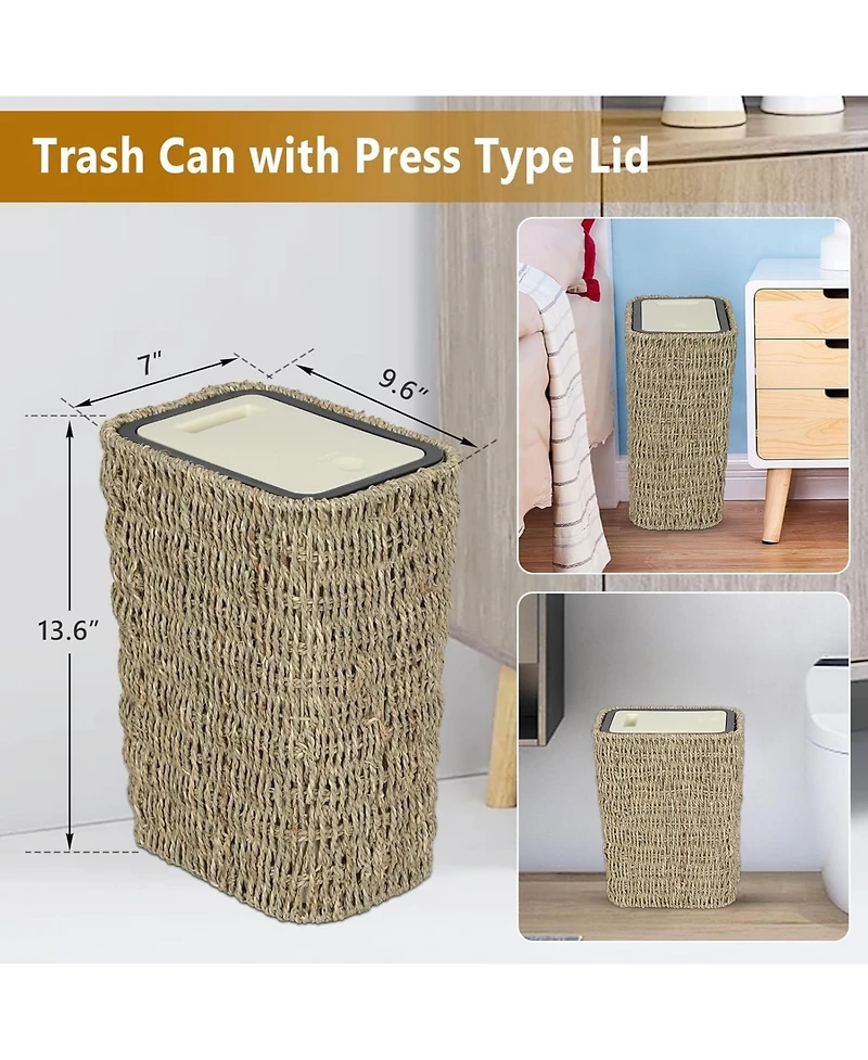 Streamdale Boho 2-in-1 Trash Can and Hamper, 2.6 Gallon, Rattan, Press-Top Lid