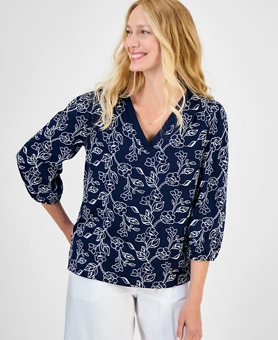 Style & Co Women's 3/4 Sleeve V-Neck Floral-Embroidered Top, Exclusively at Macy's