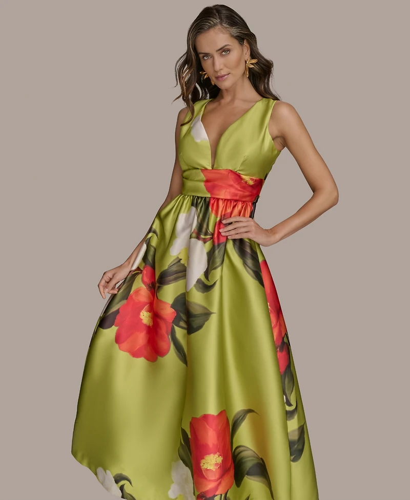 Donna Karan New York Women's Printed V-neck Floral Mikado Gown