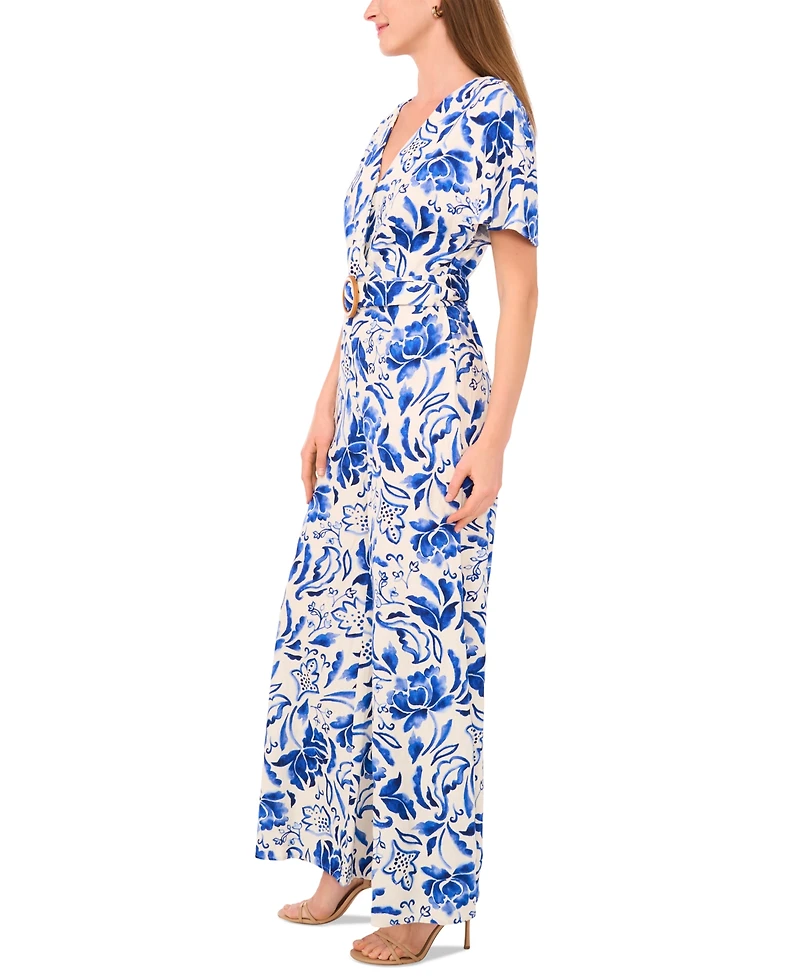 Msk Women's Printed Flutter Sleeve Wide-Leg Jumpsuit