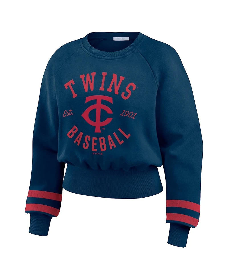 Wear by Erin Andrews Women's Navy Minnesota Twins Vintage Washed Cropped Pullover Sweatshirt