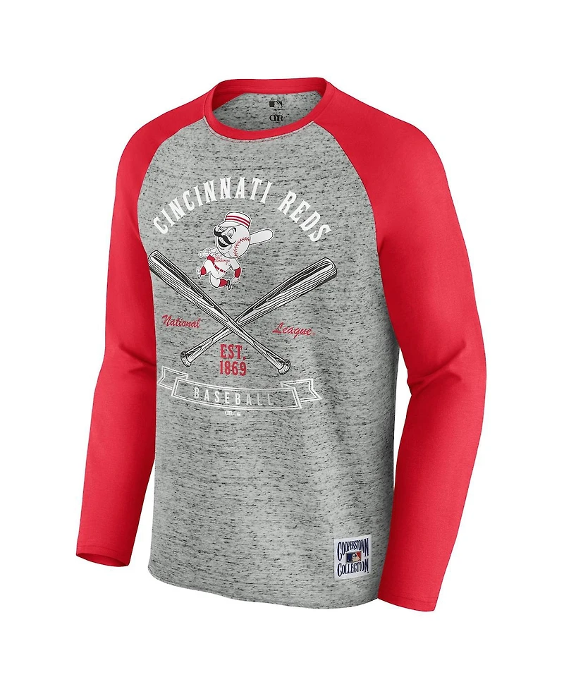 Fanatics Men's Heather Gray Cincinnati Reds Raw Edge Raglan Long Sleeve Baseball T-Shirt