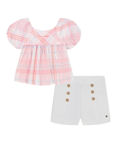 Tommy Hilfiger Toddler and Little Girls 2-Piece Madras Plaid Babydoll Top and Stretch Sailor Shorts Set