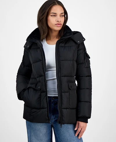 Steve Madden Women's Faux-Fur-Trim Hooded Utility-Pocket Puffer Coat