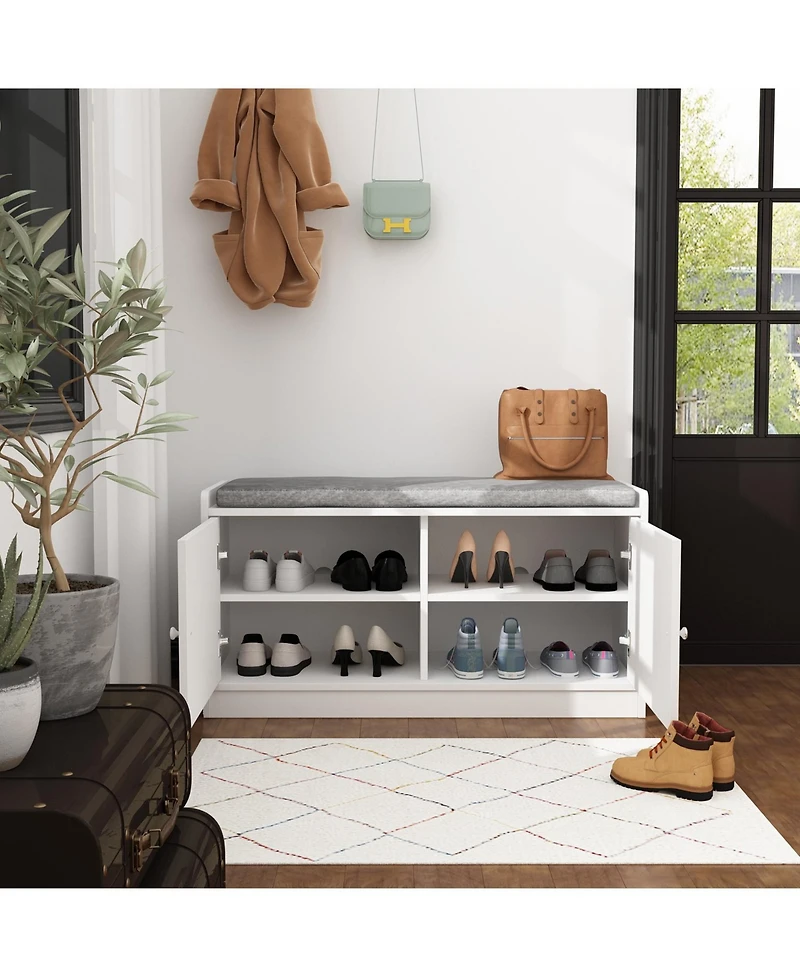 Shoe bench with movable shelves, white wooden shoe rack with two doors and four storage compartments, Entryway Bench