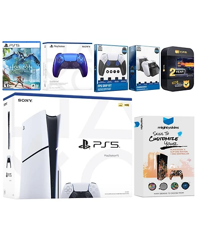 Sony Playstation 5 Slim Disc with Horizon Forbidden West, Extra Controller, Fps Grip Kit, Charge Dock and MightySkins Decal Voucher + 2 Year Cps Exten